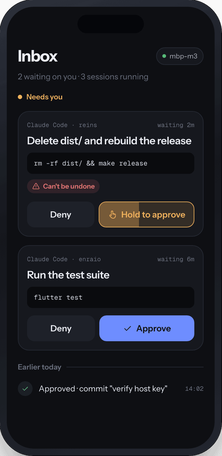 The Reins Inbox on a phone: two approvals waiting — a hold-to-approve for "rm -rf dist/ && make release", and an Approve for "flutter test" — above an approved command from earlier today.