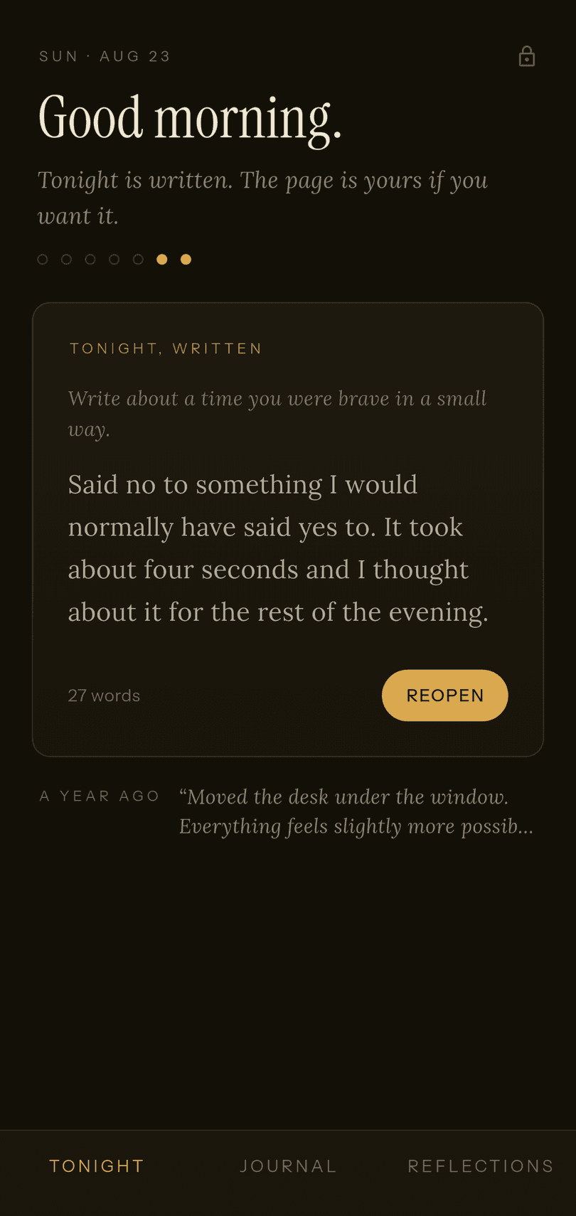 The Folios home screen, showing tonight's written entry and a quoted line from a year earlier.
